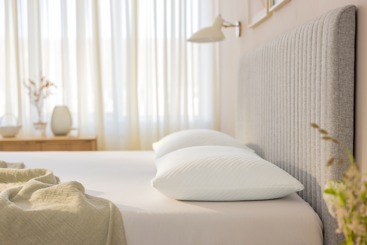 Seitliche Perspektive auf ein Bett mit zwei weißen Schlafkissen, umgeben von einem hellen, gemütlichen Schlafzimmerambiente.