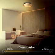 Moderne ronde dimbare plafondlamp in een sfeervolle slaapkamer, vanuit schuin onderaanzicht getoond met dimbereik van 100% tot circa 10%.