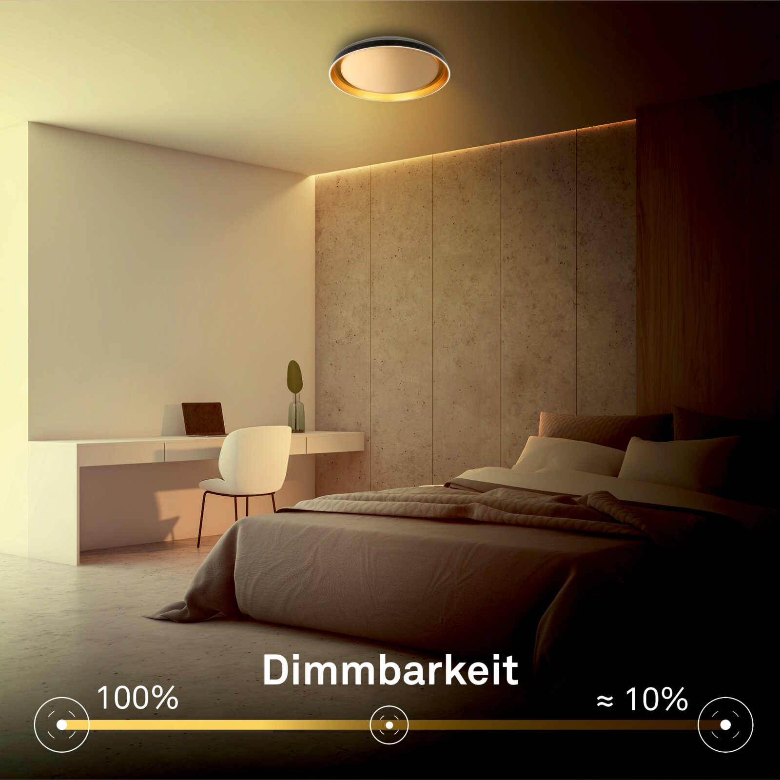 Moderne ronde dimbare plafondlamp in een sfeervolle slaapkamer, vanuit schuin onderaanzicht getoond met dimbereik van 100% tot circa 10%.