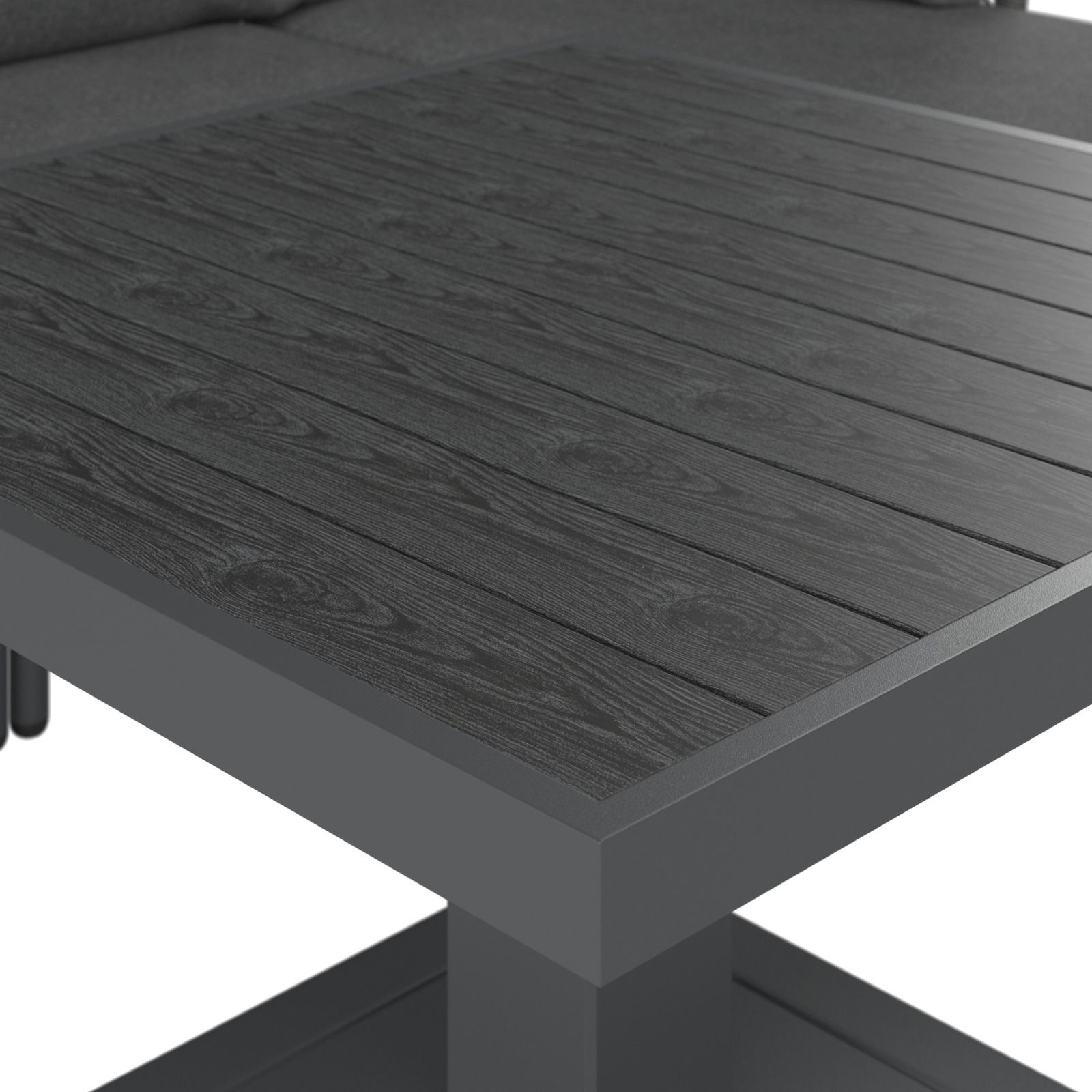 Nahaufnahme eines modernen, grauen Lounge-Tisches mit Holzoptik von schräg oben.