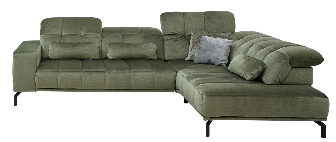 Grüne Eckgarnitur mit modernen Kissen, Vorderansicht