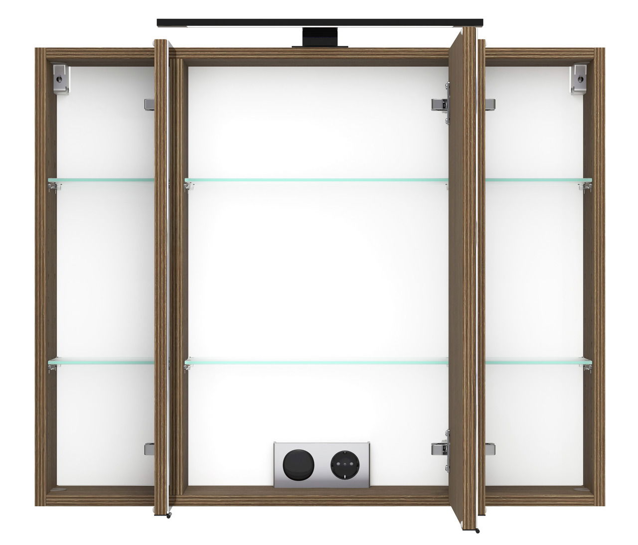 Geöffneter Spiegelschrank mit drei Türen, zwei Glasböden und integrierter Steckdose, Frontalansicht.