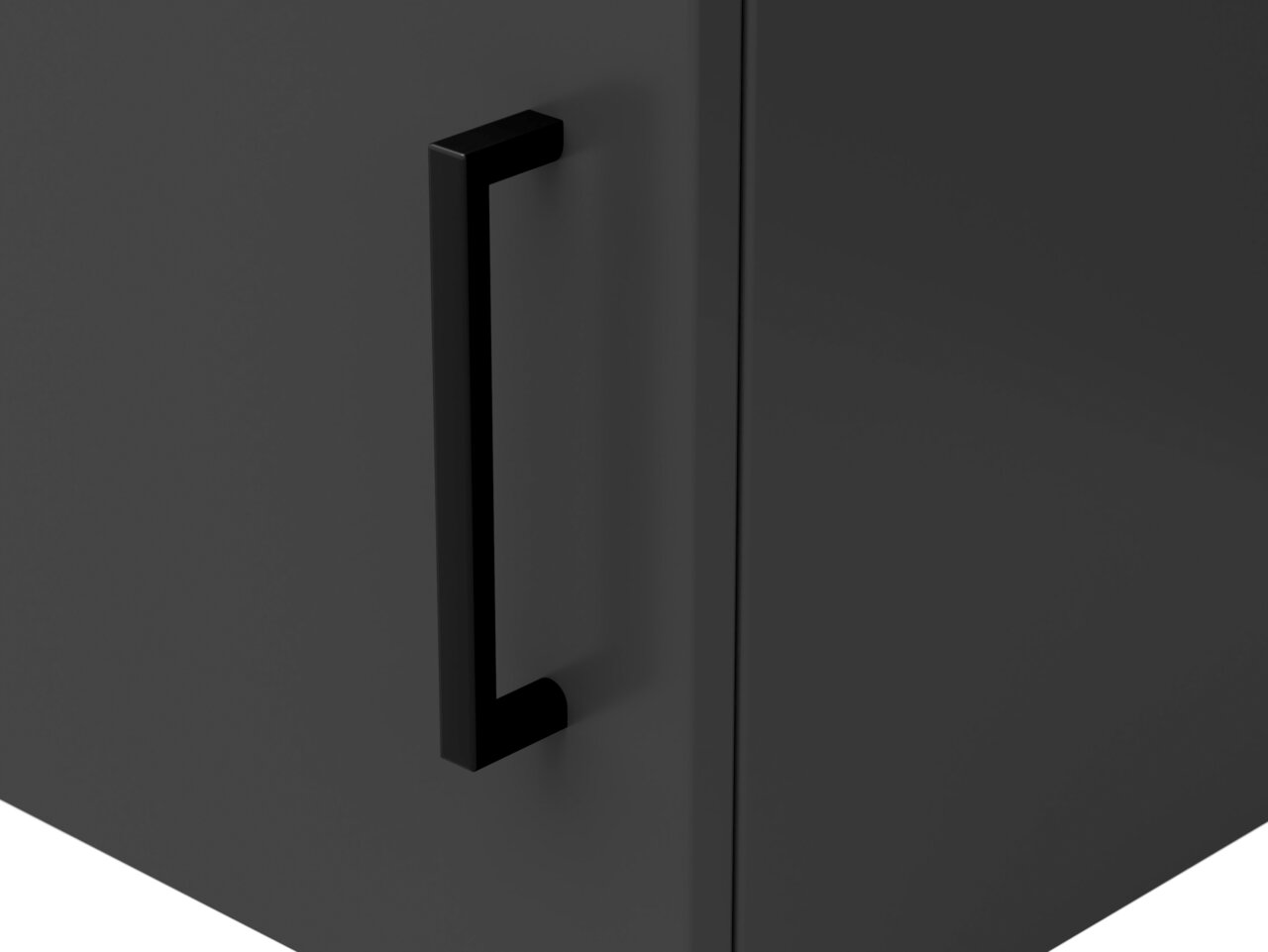 Nahaufnahme eines schwarzen Aufsatzschranks mit modernem, rechteckigem Griff, seitliche Perspektive.