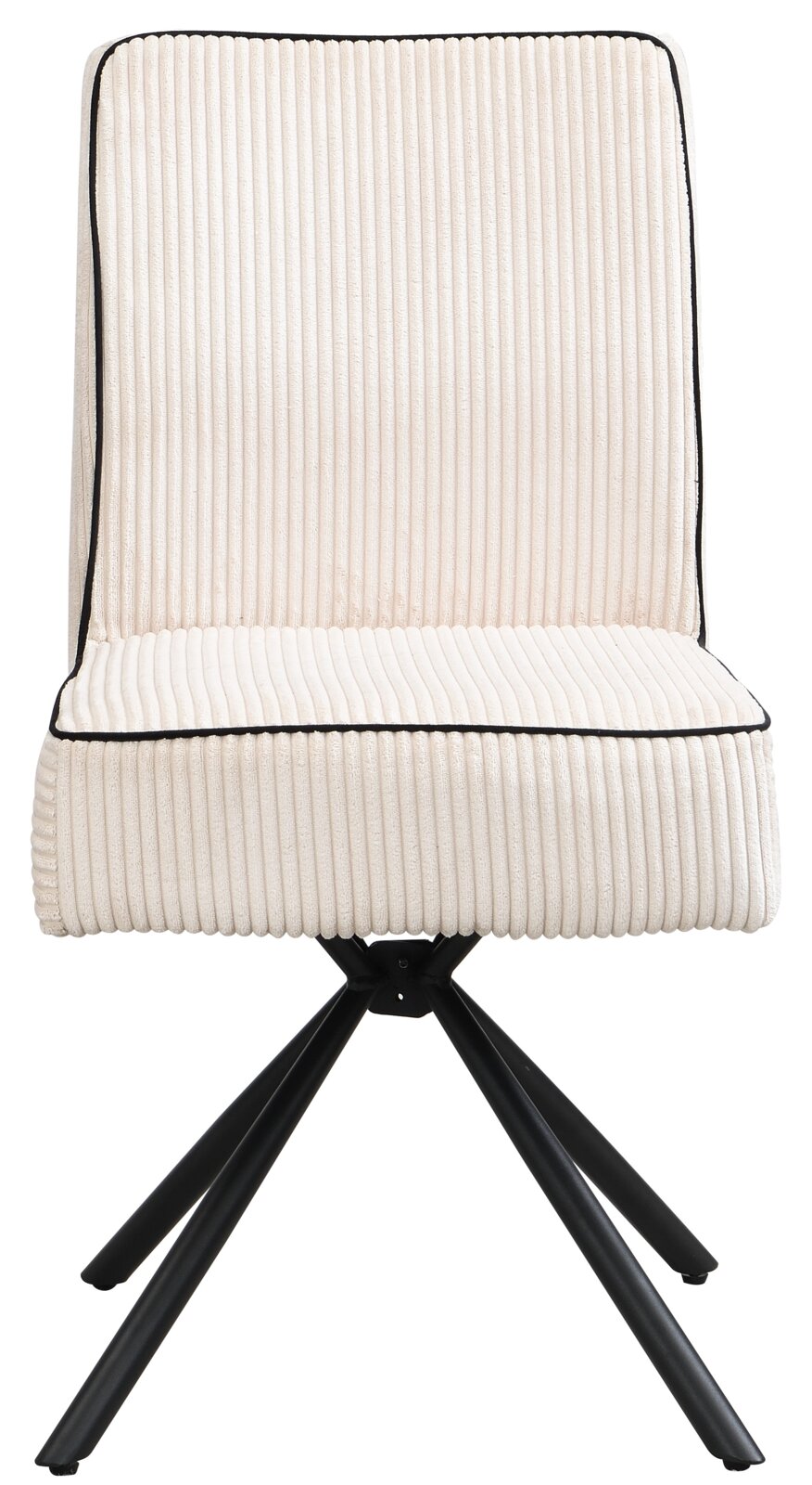 Moderne stoel met crèmekleurige, geribbelde stoffen bekleding en een zwart metalen frame, vooraanzicht