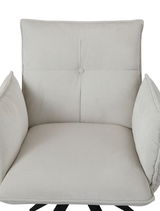 Vorderansicht eines beigen Armlehnstuhls mit gestreiftem Stoffbezug und gepolsterten Armlehnen.