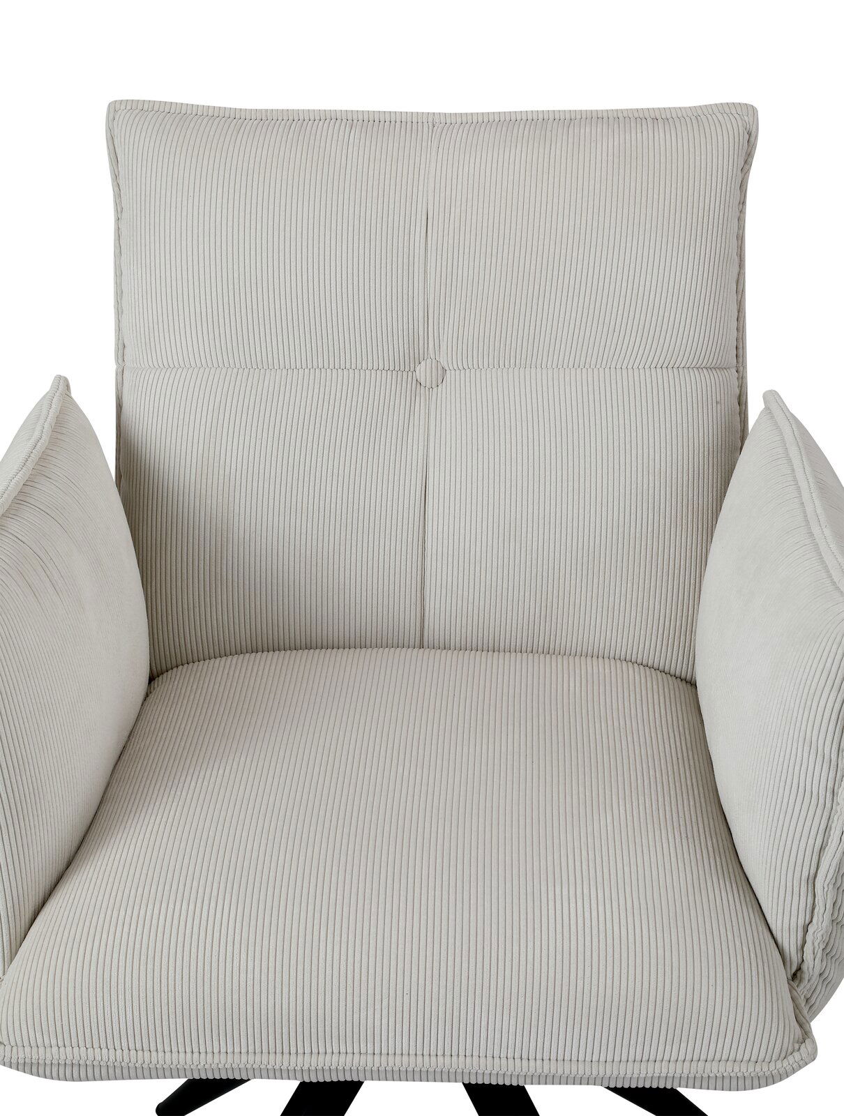 Vorderansicht eines beigen Armlehnstuhls mit gestreiftem Stoffbezug und gepolsterten Armlehnen.