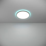 Runde LED-Deckenleuchte ROVITO-Z mit sanftem, grünlichem Leuchtring, von unten betrachtet.