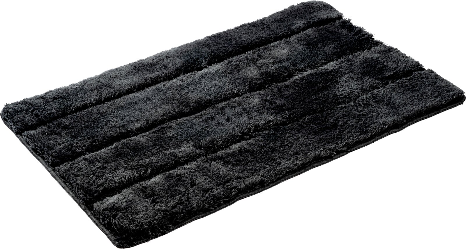Linneweber Badteppich 60x100cm PARIS Schwarze, flauschige Badvorleger-/Badematte mit strukturierter Streifenoptik, schräg von oben in leichter Seitenansicht fotografiert
