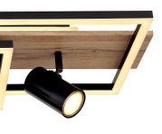 Moderne Deckenleuchte mit Holz- und Metallelementen, seitliche Perspektive