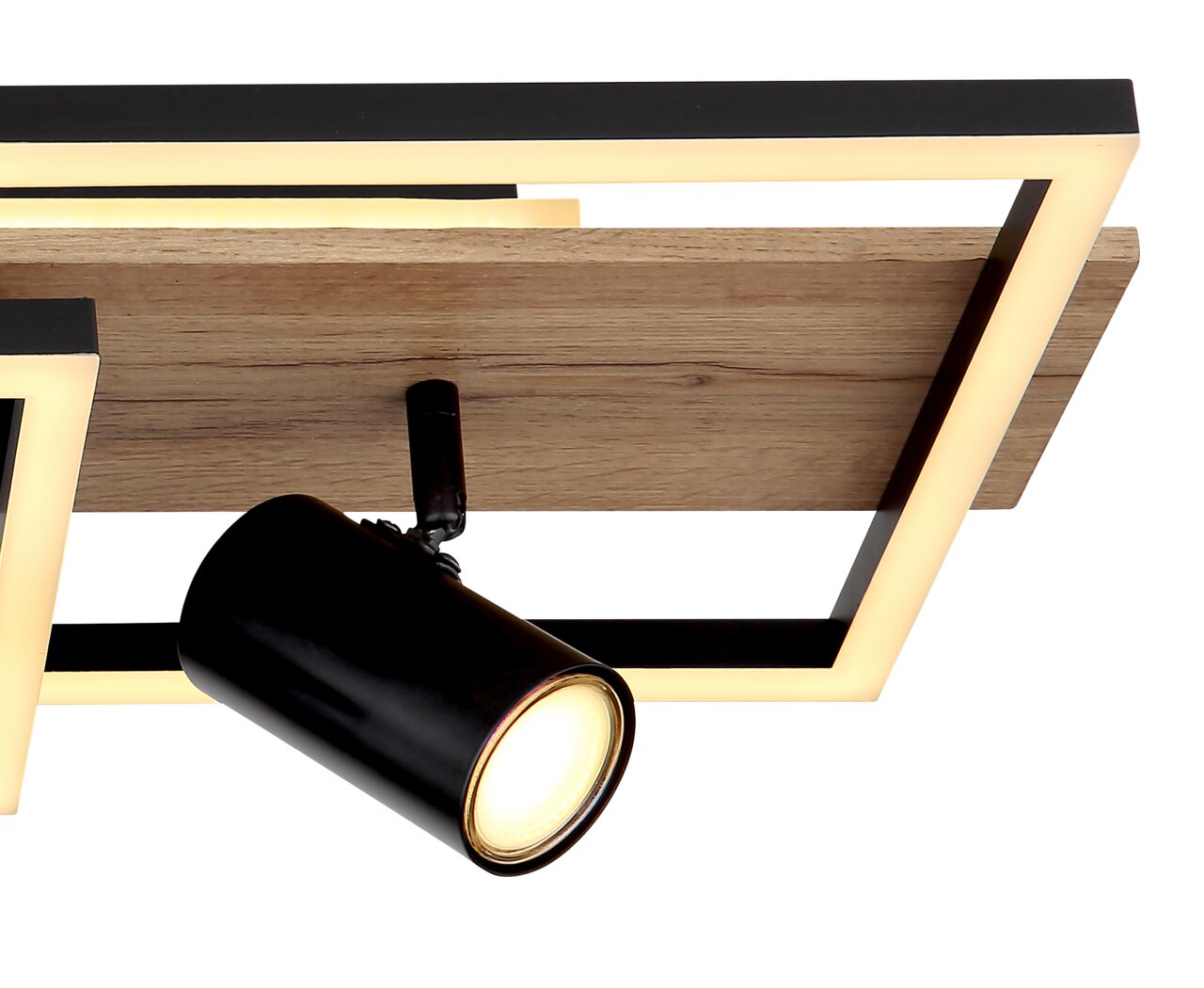 Moderne Deckenleuchte mit Holz- und Metallelementen, seitliche Perspektive