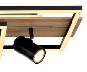 Moderne Deckenleuchte mit Holz- und Metallelementen, seitliche Perspektive