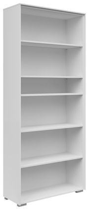 Weißes Aktenregal mit fünf offenen Fächern, seitliche Perspektive