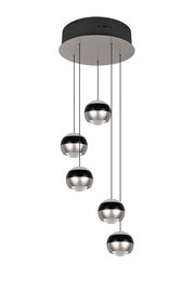 Moderne Pendelleuchte Orbit mit fünf kugelförmigen Lampenschirmen in Schwarz und Silber, von unten betrachtet.