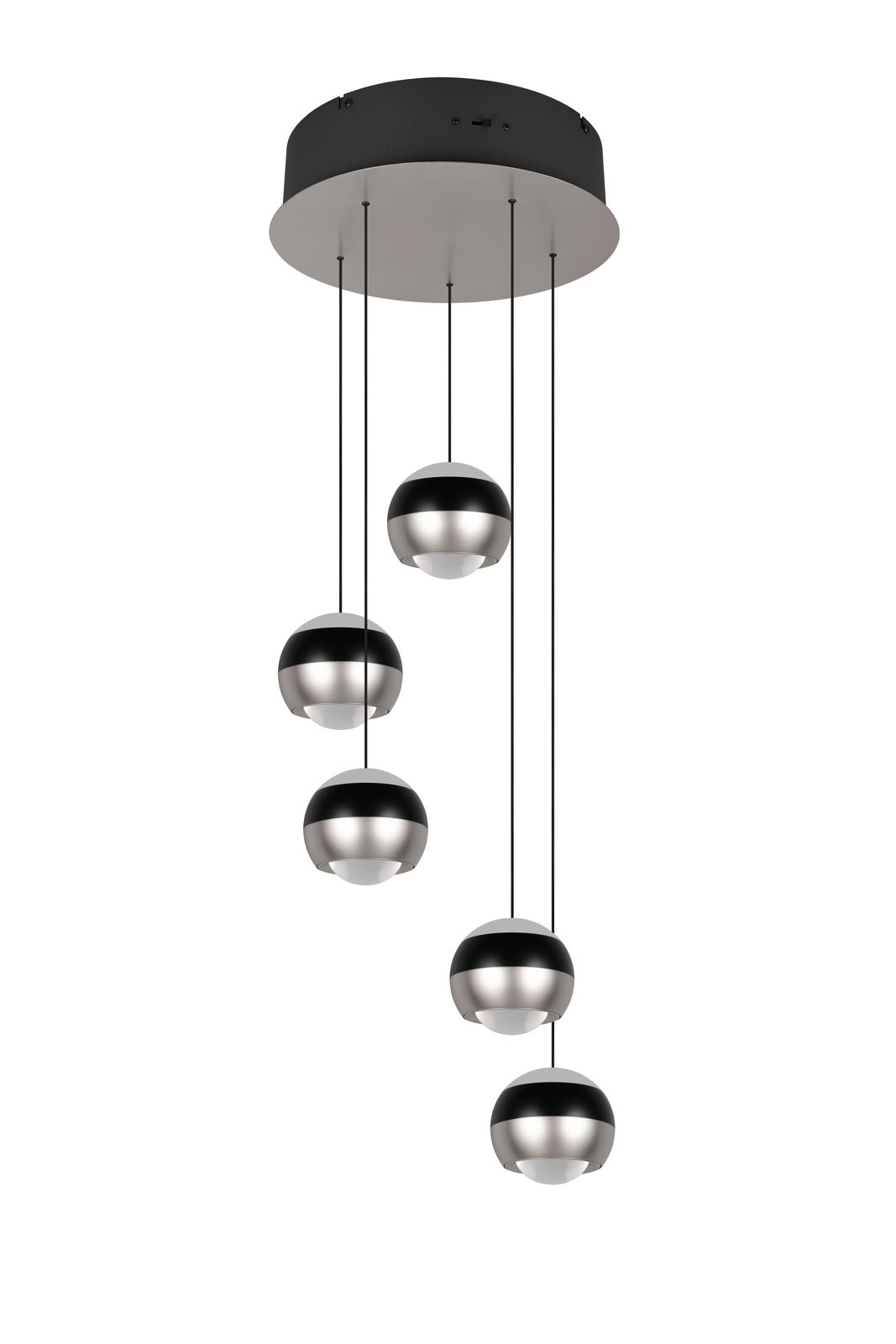 Moderne Pendelleuchte Orbit mit fünf kugelförmigen Lampenschirmen in Schwarz und Silber, von unten betrachtet.