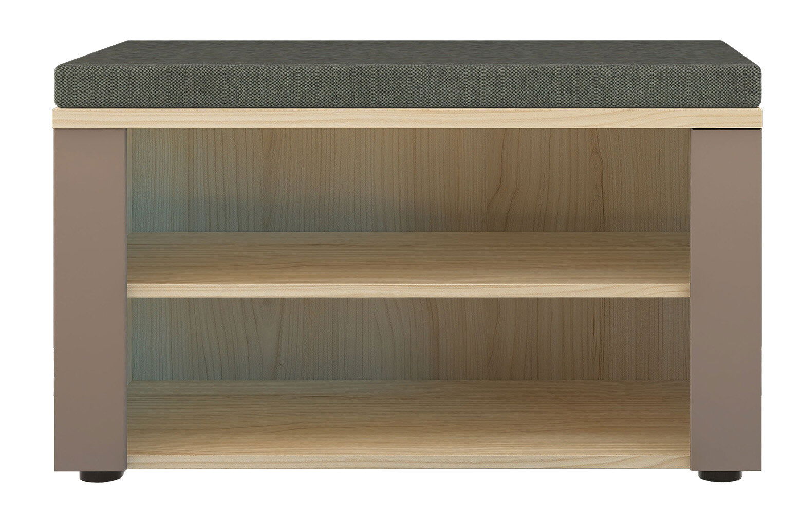 Frontale Ansicht einer modernen Sitzbank mit grauem Polster und zwei offenen Holzfächern.