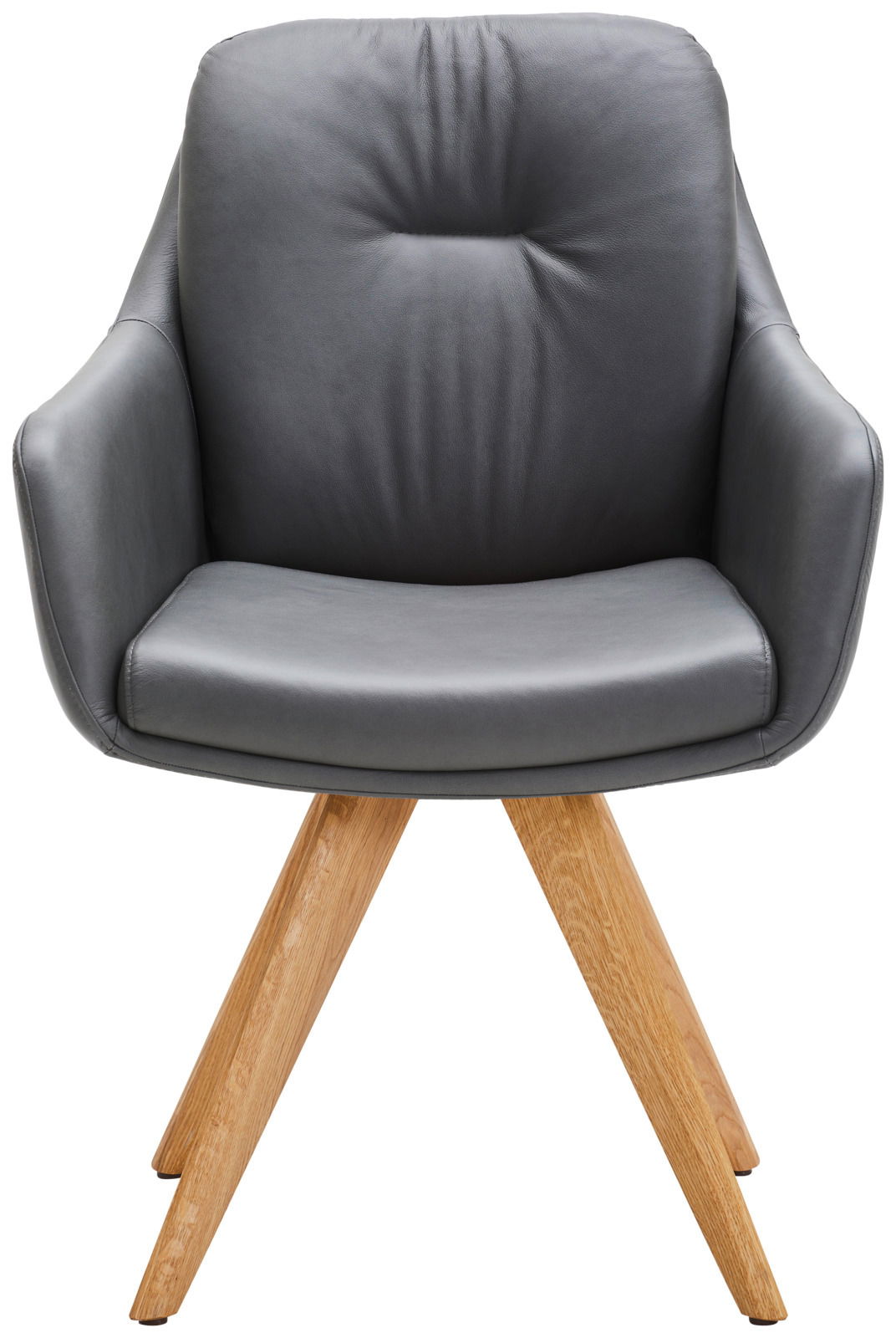 Grauer Armlehnstuhl mit Holzbeinen, Frontalansicht