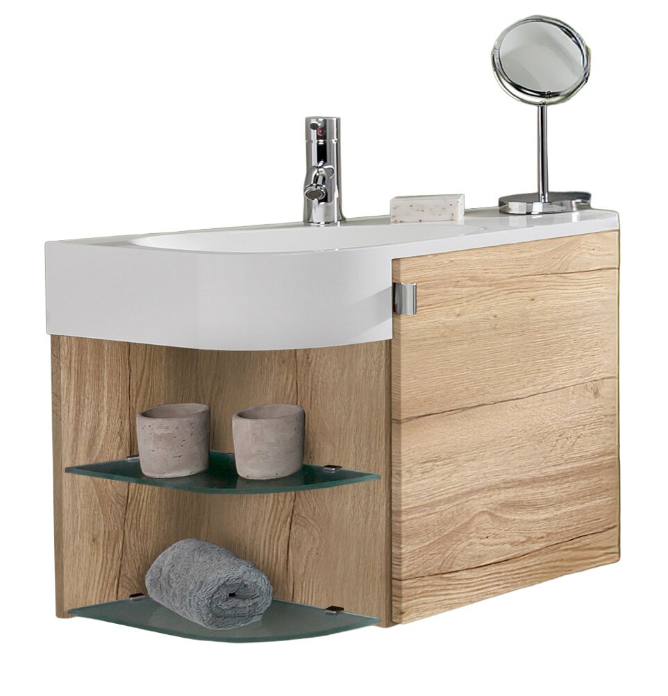 Zurbrüggen Wastafelset 3010 Badkamer wastafelmeubel met witte wastafel en houtlook kast, glazen hoekplanken met accessoires en chroom kraan met spiegel, schuin van voren rechts gezien
