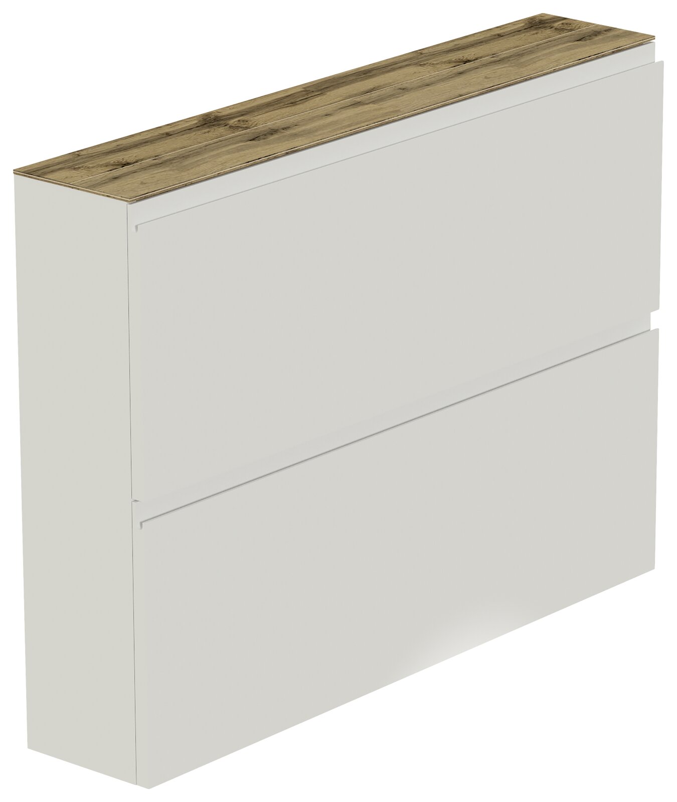 Moderner Hängeschuhschrank mit zwei Klappen, weiß mit Holzoberfläche, seitliche Perspektive