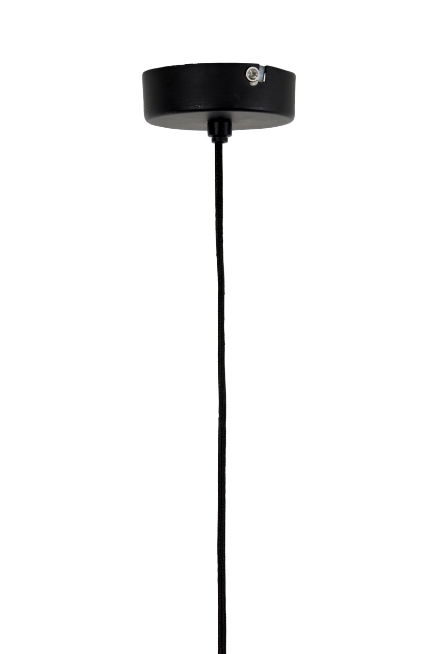 Schwarze Deckenhalterung einer Hängeleuchte mit Kabel, seitliche Perspektive