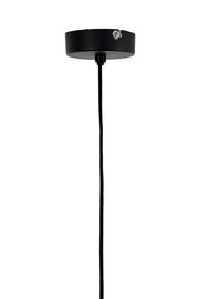 Schwarze Deckenhalterung einer Hängeleuchte mit Kabel, seitliche Perspektive