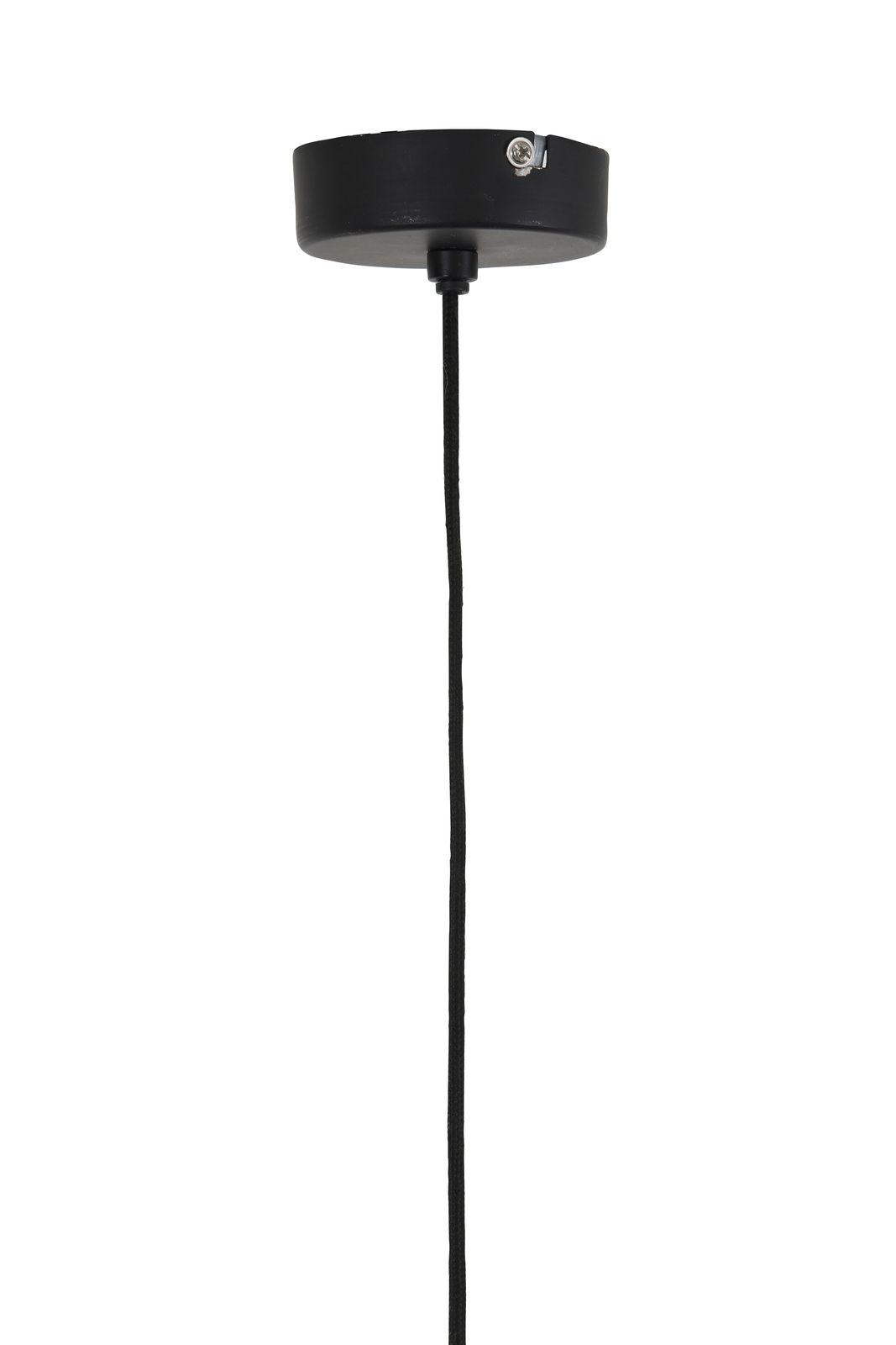 Schwarze Deckenhalterung einer Hängeleuchte mit Kabel, seitliche Perspektive
