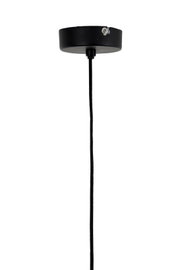 Schwarze Deckenhalterung einer Hängeleuchte mit Kabel, seitliche Perspektive