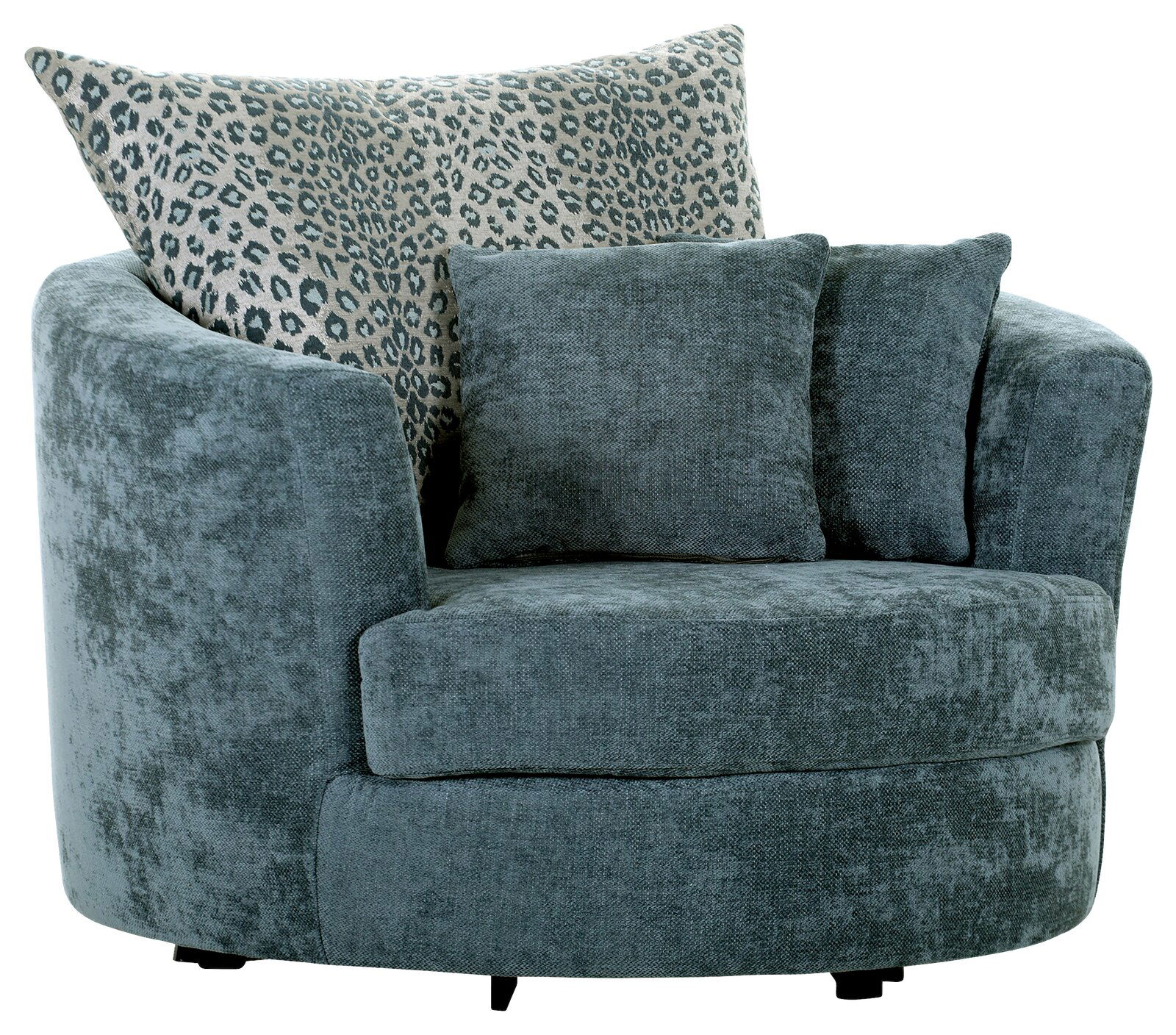 Z2 Sessel LENI Gemütlicher Sessel in Blau mit runder Form und zwei Kissen, einer davon mit Leopardenmuster, aus der Vorderansicht.