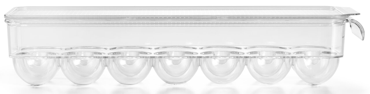 Transparenter Eier-Organizer mit Deckel, seitliche Perspektive