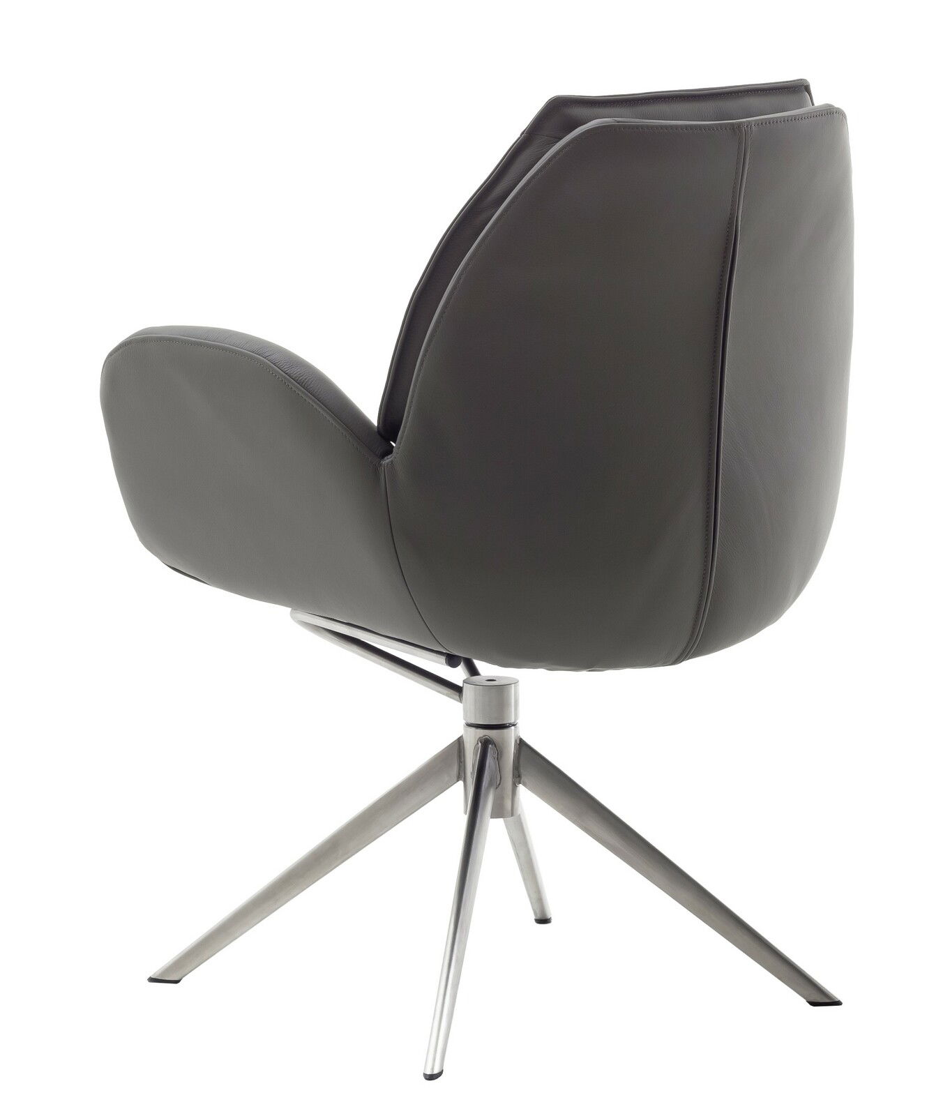 Rückansicht eines modernen Armlehnstuhls mit grauem Polster und Metallgestell