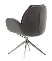 Rückansicht eines modernen Armlehnstuhls mit grauem Polster und Metallgestell