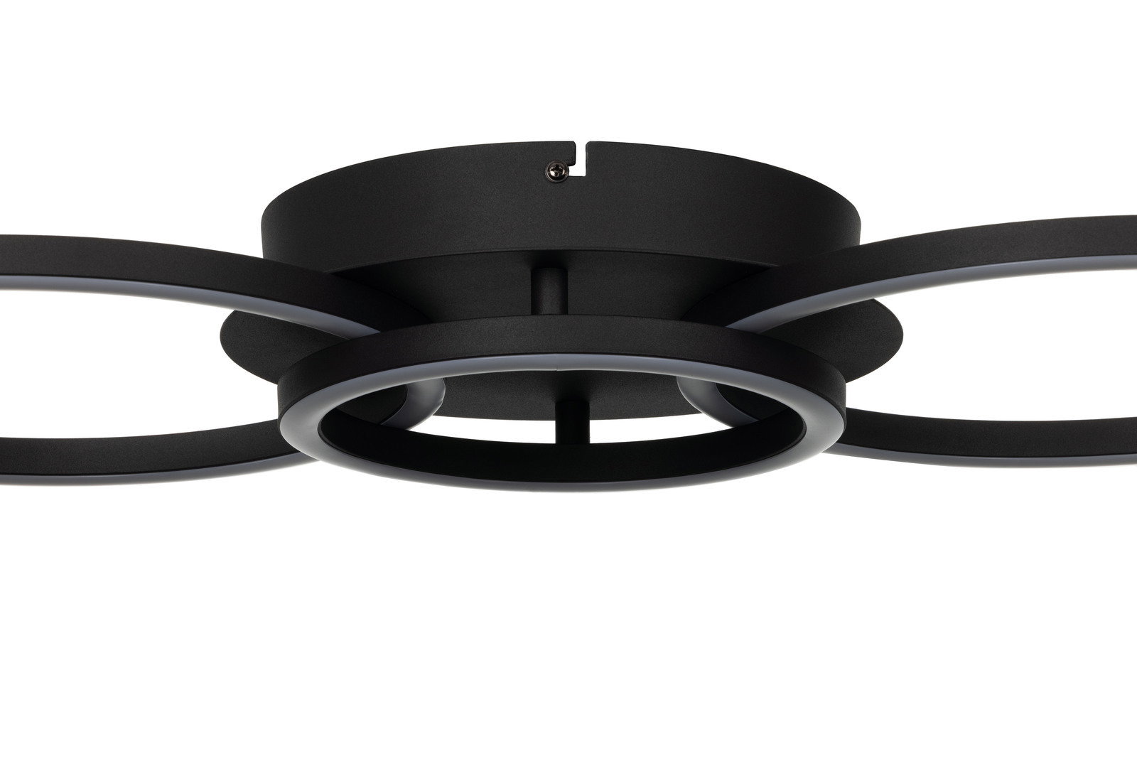Moderne LED-Deckenleuchte in Schwarz mit kreisförmigem Design, seitliche Perspektive