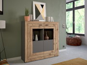 Highboard aus Holz mit grauen Elementen, dekoriert mit Pflanzen und Kunst, in einem modernen Wohnzimmer aus der Frontalperspektive.