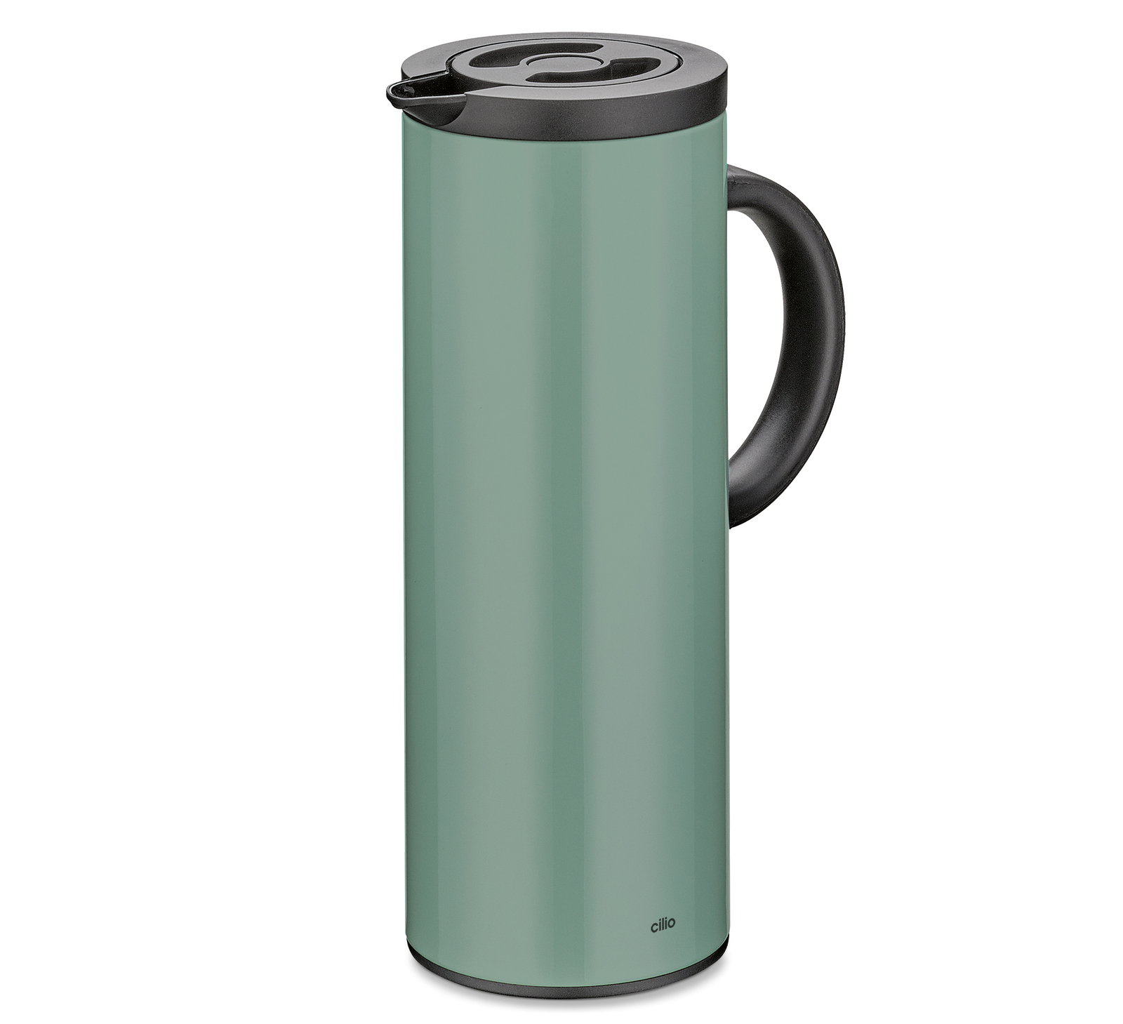 Grüne Isolierkanne mit schwarzem Griff und Deckel, seitliche Perspektive