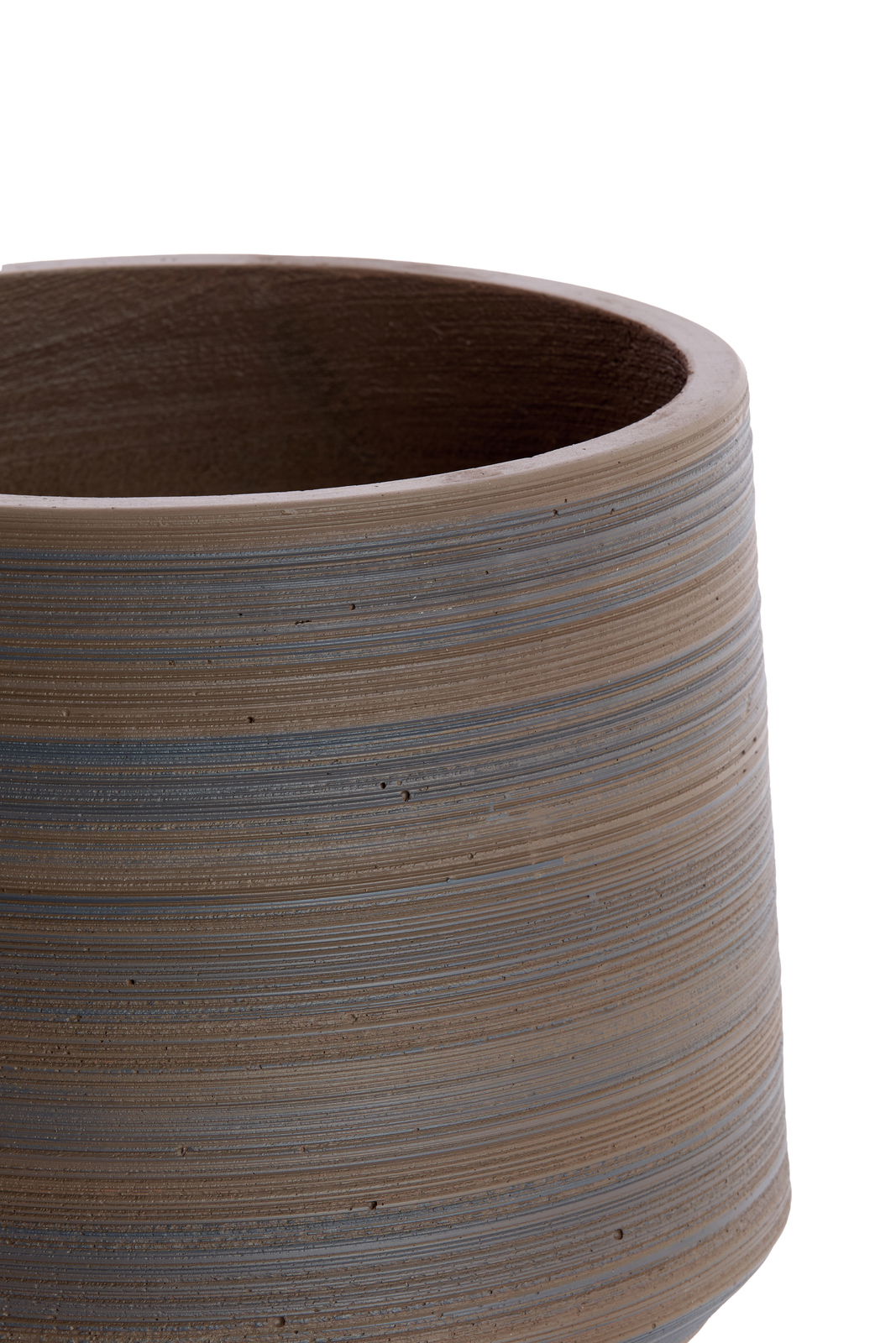 Light&Living Vase EOWYN Nahaufnahme einer gestreiften Vase aus Keramik mit horizontalen Linien in Braun- und Grautönen, von oben betrachtet.