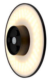LED-Außenwandleuchte in seitlicher Perspektive mit leuchtendem Ring und schwarzem Mittelteil