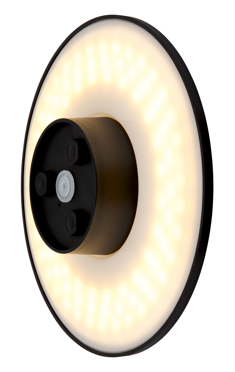 LED-Außenwandleuchte in seitlicher Perspektive mit leuchtendem Ring und schwarzem Mittelteil