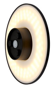 LED-Außenwandleuchte in seitlicher Perspektive mit leuchtendem Ring und schwarzem Mittelteil