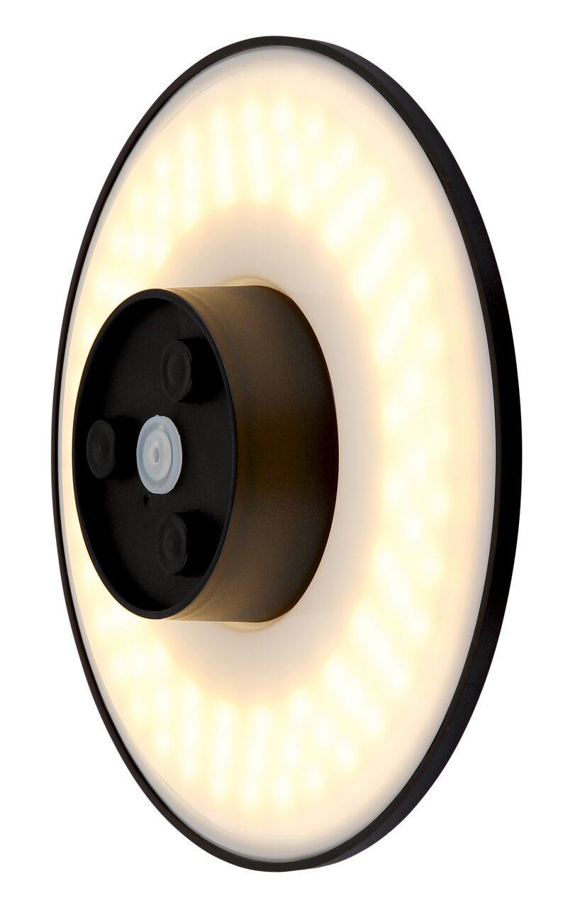 LED-Außenwandleuchte in seitlicher Perspektive mit leuchtendem Ring und schwarzem Mittelteil