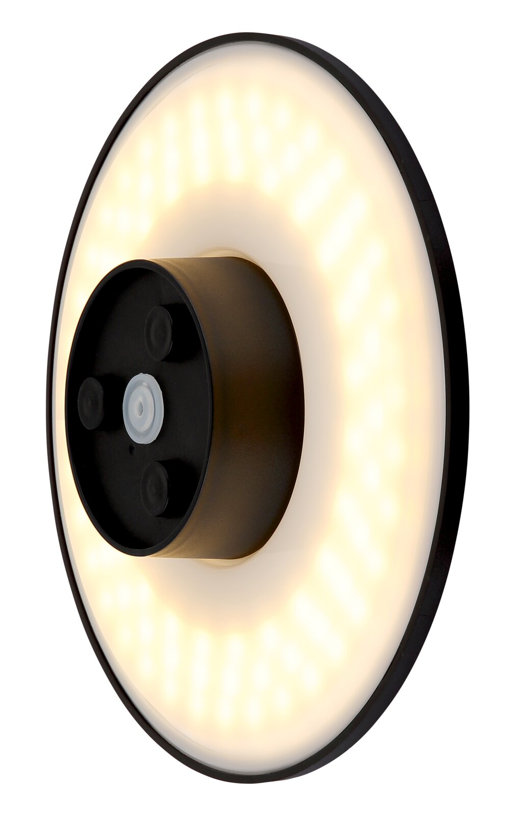 LED-Außenwandleuchte in seitlicher Perspektive mit leuchtendem Ring und schwarzem Mittelteil