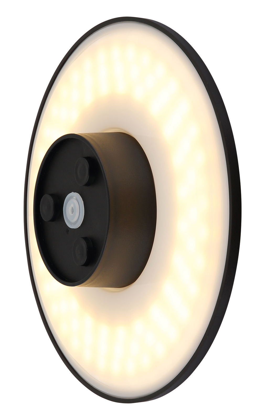 LED-Außenwandleuchte in seitlicher Perspektive mit leuchtendem Ring und schwarzem Mittelteil