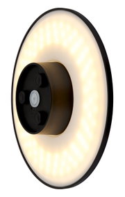 LED-buitenwandlamp in zijaanzicht met verlichte ring en zwart middenstuk