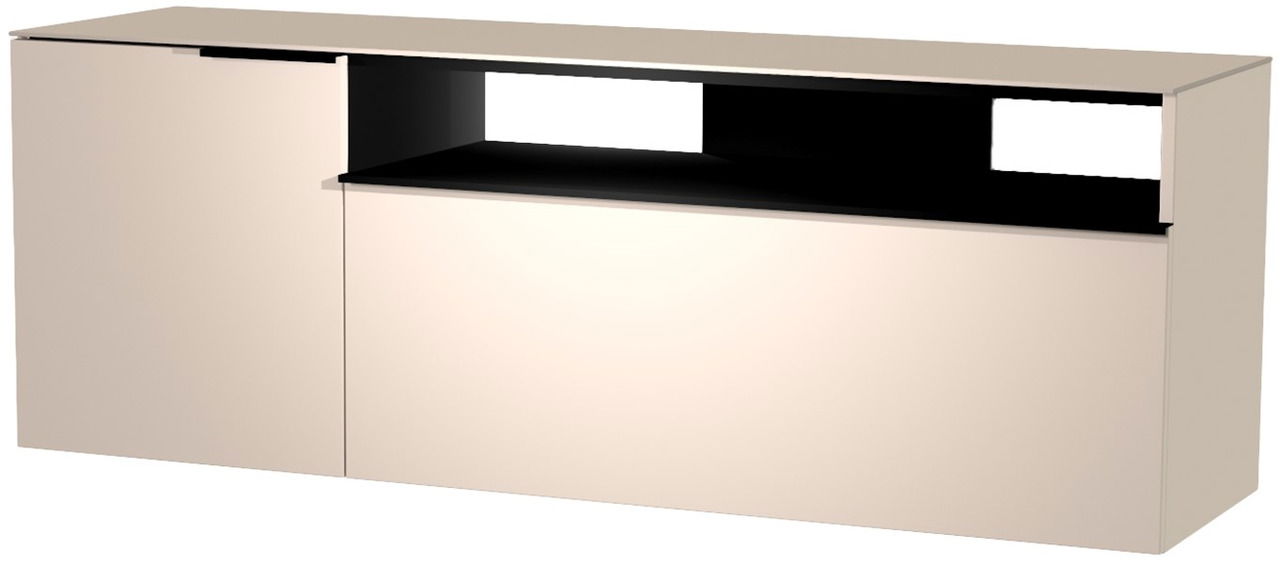 Hänge-Lowboard in cremefarbenem Design mit schwarzem offenen Fach, seitliche Perspektive