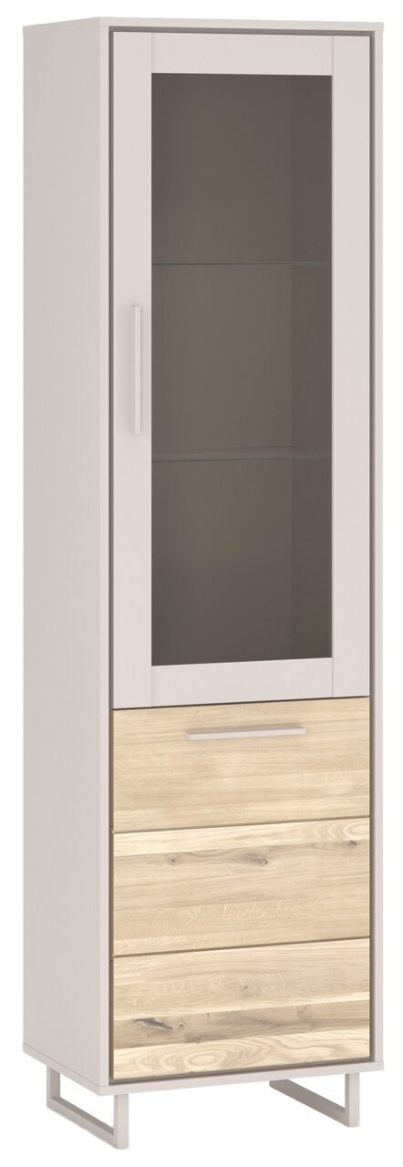 Moderne Vitrine mit Glastür und zwei Holzschubladen, frontal betrachtet.
