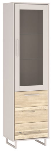 Moderne Vitrine mit Glastür und zwei Holzschubladen, frontal betrachtet.