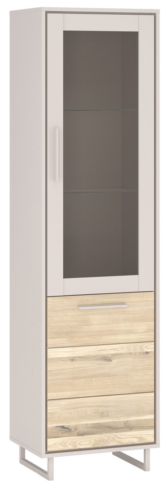 Moderne Vitrine mit Glastür und zwei Holzschubladen, frontal betrachtet.