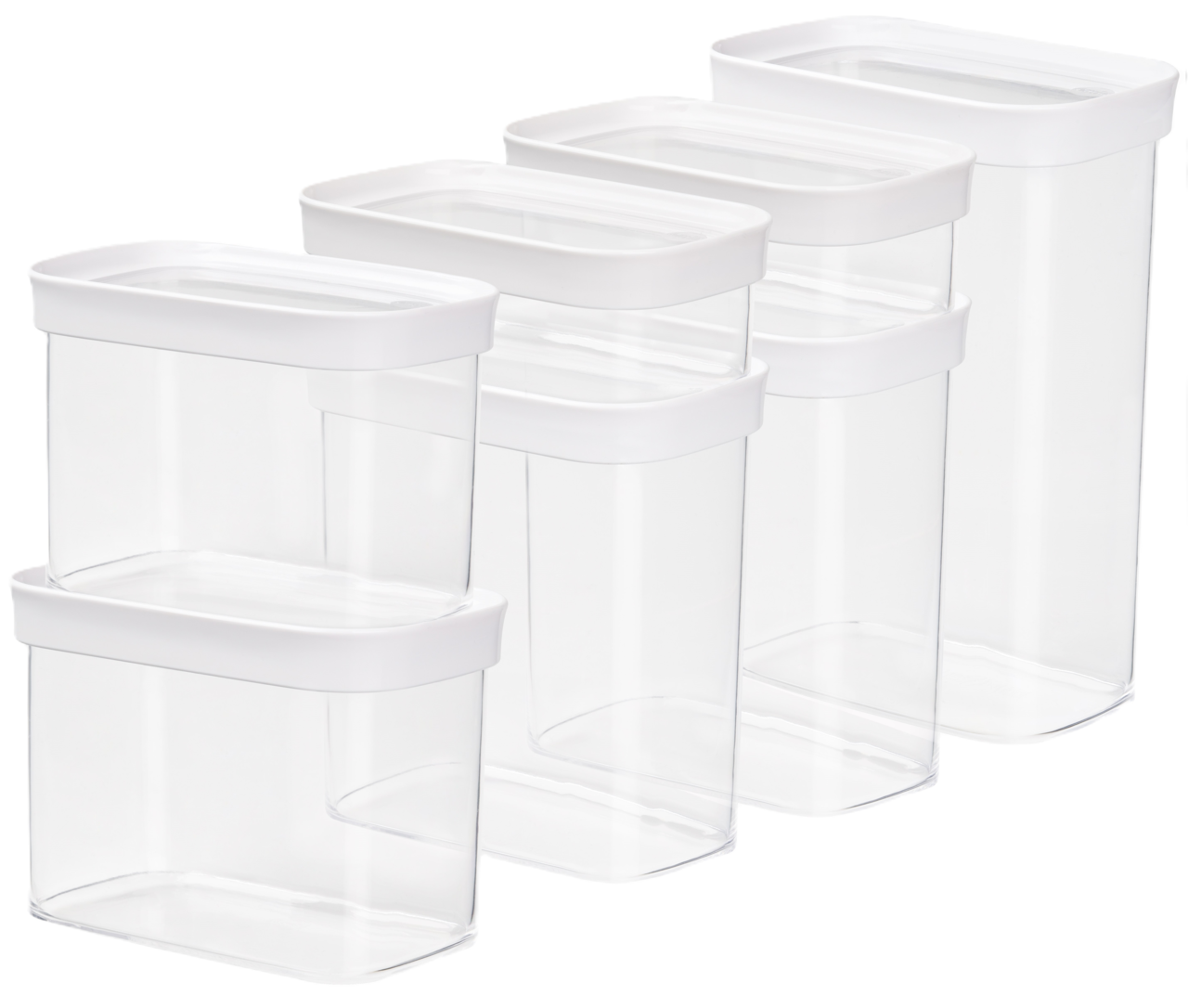 Emsa Vorratsdosenset 7-tlg. OPTIMA Vorratsdosenset 7-tlg. aus transparentem Kunststoff mit weißen Deckeln, seitliche Perspektive