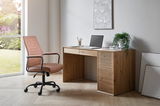 Moderner Schreibtisch aus Holz mit Laptop und Pflanzen, seitliche Perspektive.