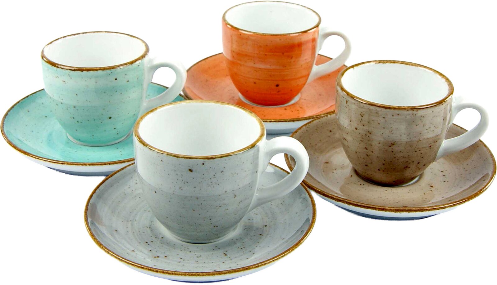 Creatable Espresso Set 8-tlg VINTAGE NATURE Vier gesprenkelte Keramik-Kaffeetassen mit Untertassen in Türkis, Orange, Grau und Beige, mit braunem Rand, schräg von vorne in leicht erhöhter Perspektive fotografiert.