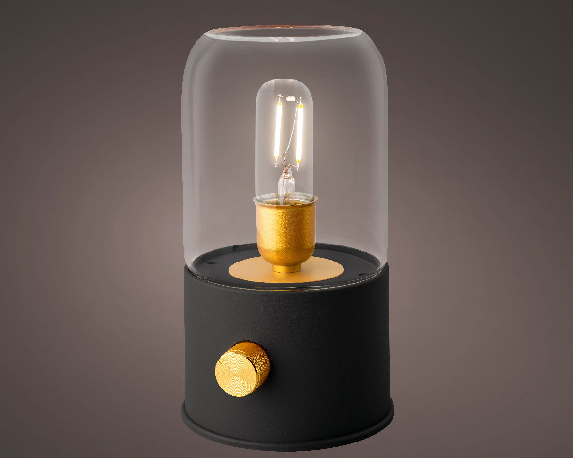 LED Lampe mit goldenen Akzenten und Glasabdeckung, seitliche Perspektive