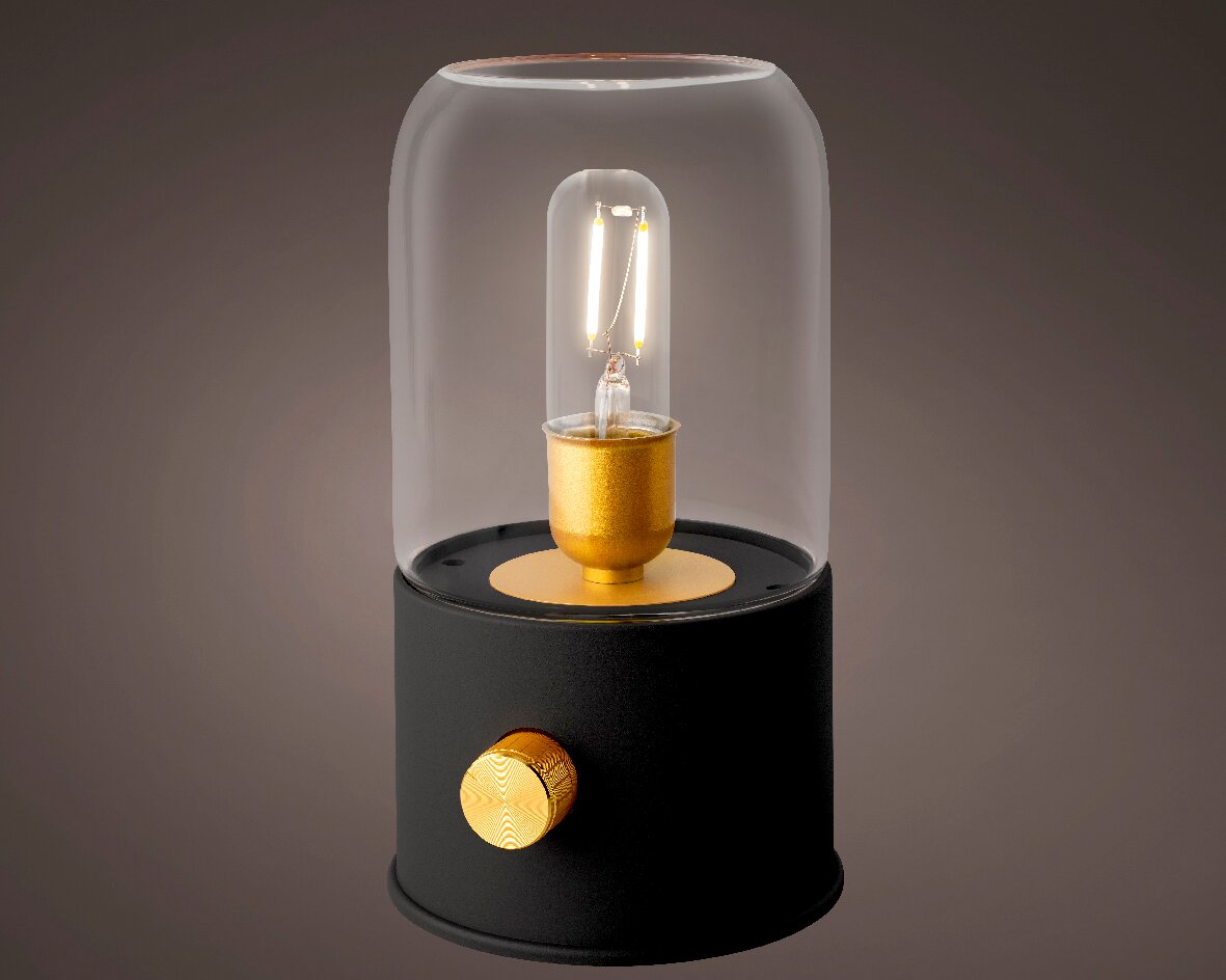 LED Lampe mit goldenen Akzenten und Glasabdeckung, seitliche Perspektive